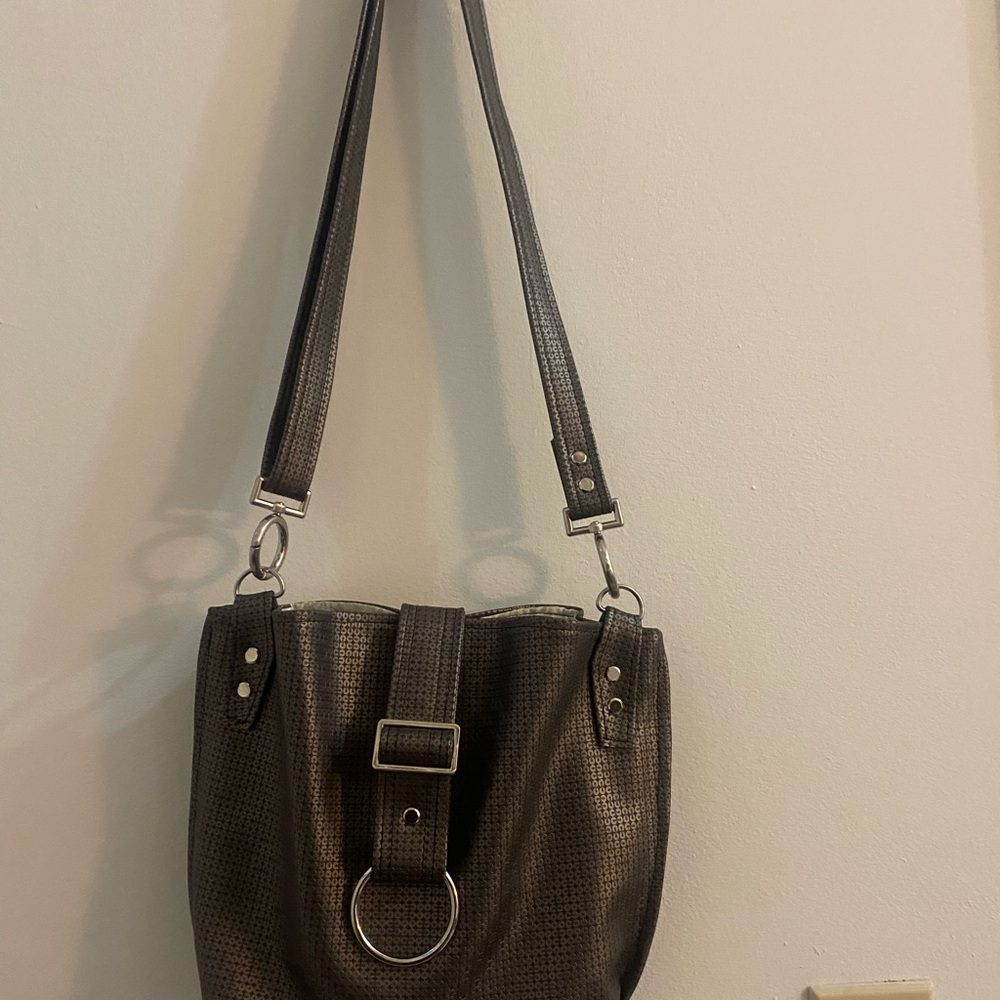 Perforated Leather Shoulder Bag w/central buckle detail & metallic hardware